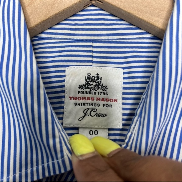 J. Crew Women Thomas Mason Shirt 00‎ Blue White Stripe Cotton Pocket Slim Fit - Picture 8 of 10